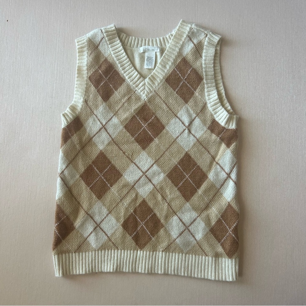 Full Tilt V-Neck Argyle Sweater Vest - Cream and Brown